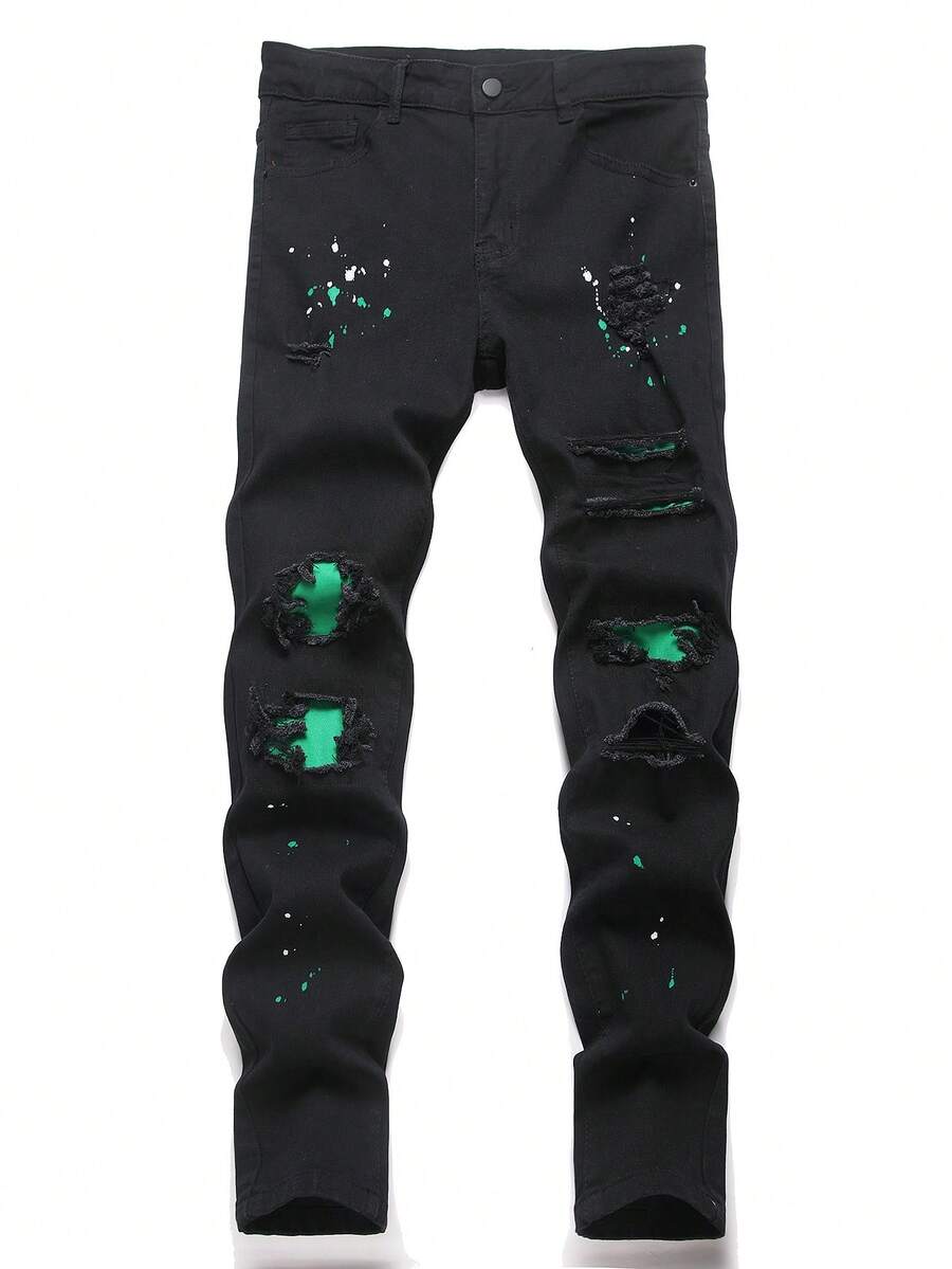 Manfinity Roughcore Men's Pocket Distressed Skinny Casual Jeans Drip Jeans Men Splash Ink Jeans Men Black Ripped Jeans