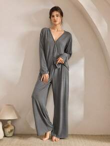 Ocili Minimalist Comfortable Collarless Soft Women Lounge Set, Winter Clothes - Grey - View 2