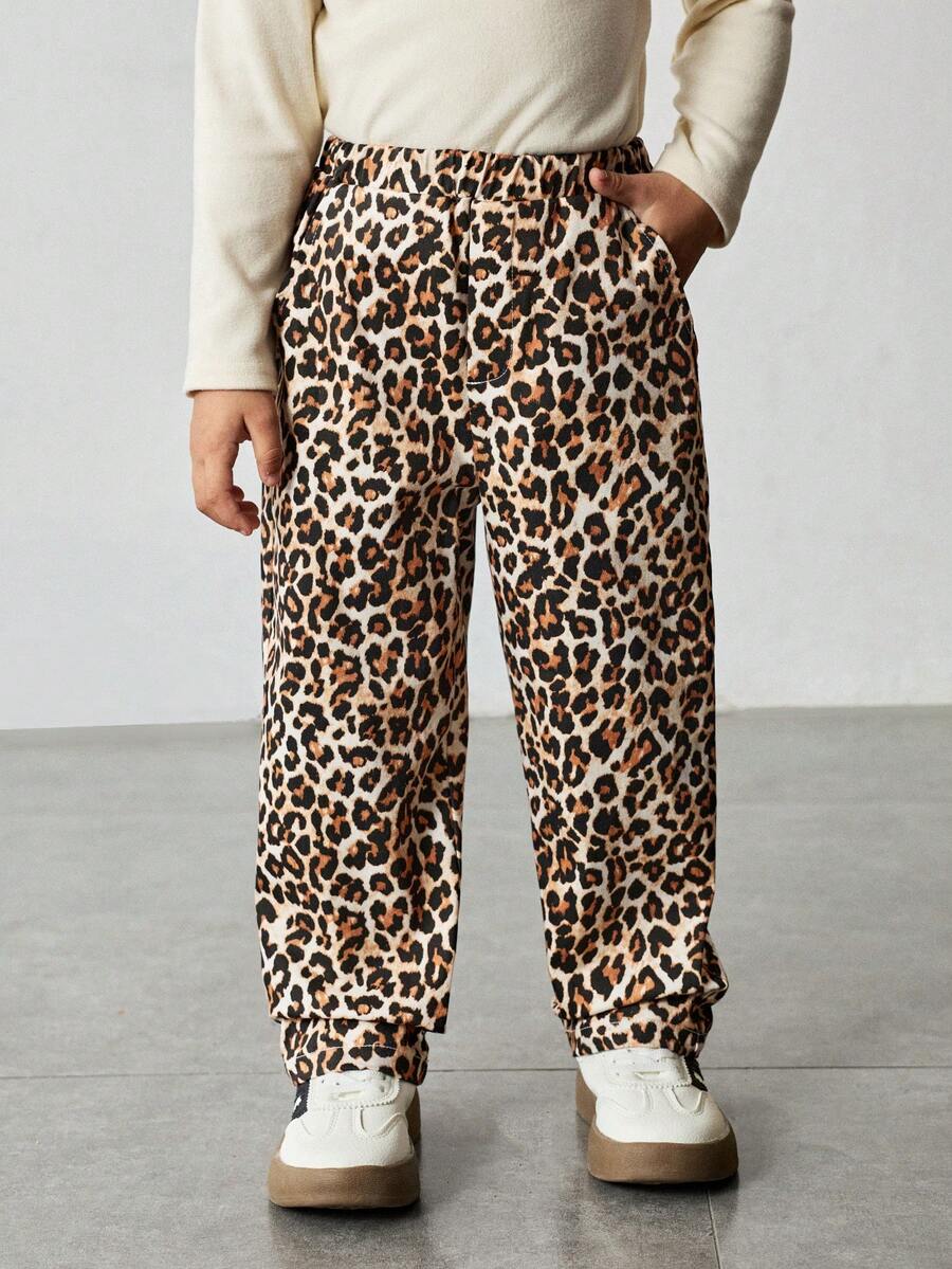 Maija Kids Maija Kids 女童豹纹针织柔软弹力腰休闲裤，百搭舒适 - 卡其色 - 查看 1