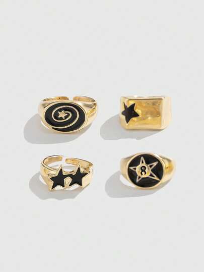 Goth 4pcs/Set Punk Style Spiral Star Rings, Adjustable Ring Set For Couples