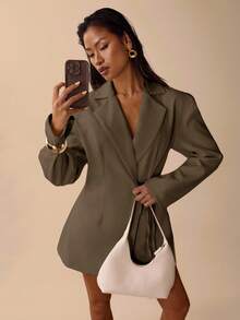 SHEIN BAE Damska sukienka z kołnierzykiem z klapami w jednolitym kolorze, długim rękawem i wiązaniem na co dzień, jesienno-zimowa odzież dla kobiet - Kawowy brązowy - Zobacz 5