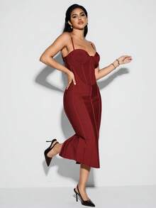 Nuvra Đầm midi dệt kim không tay dây mảnh màu trơn lãng mạn dành cho nữ - Màu đỏ tím - Xem 4