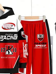 SHEIN 2pcs Tween Boy Casual Stylish Racing Sports Graphic Print Hoodie Sweatshirt And Pants Set, Racing Driver Decor Print, Cool Text Print, Classic Checkered Flag Print, Comfortable For Autumn/Winter