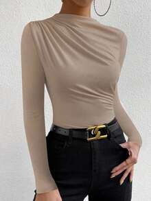 SHEIN PETITE 黑色褶皱长袖衬衫，夏季时尚女性