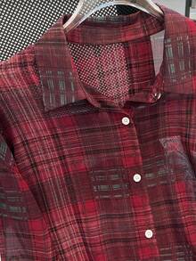 INAWLY 大码格子休闲长袖衬衫 - 紅色 - 查看 4