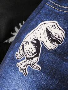 SHEIN 男婴恐龙印花圆领长袖卫衣搭配仿牛仔无腰裤，适合户外探险和休闲穿着，春秋季款 - 黑色 - 查看 7