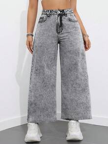 SHEIN ICON 大码女式休闲百搭毛边阔腿宽松牛仔裤 - 灰色 - 查看 5