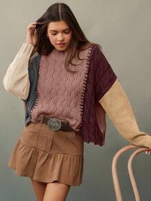 WESTFADE 混色针织圆领长袖套头毛衣，休闲、可爱、适合秋季、冬季、波西米亚风、西部风情，适合女性穿着，也适合乡村音乐会、万圣节、感恩节等场合。 - 粉色 - 查看 1