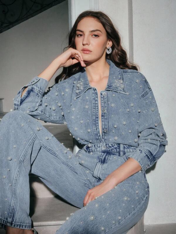 Anewsta Women's Elegant & Fashionable Christmas/New Year Outfit, Denim Shirt With Pearl & Rhinestone Design, Long Cardigan Style