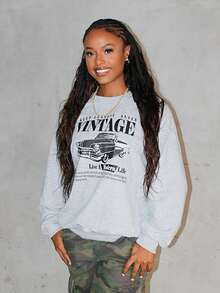 Steph T Lässiger Vintage-Car-Muster-Muster Loose Fit Rundhals-Sweatshirt mit Langarm für Frauen