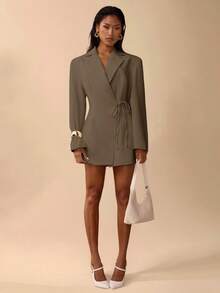 SHEIN BAE Damska sukienka z kołnierzykiem z klapami w jednolitym kolorze, długim rękawem i wiązaniem na co dzień, jesienno-zimowa odzież dla kobiet - Kawowy brązowy - Zobacz 3