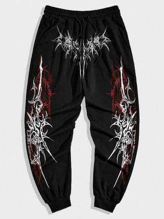Men's Gothic Print Drawstring Waist Pockets Jogger Sweatpants