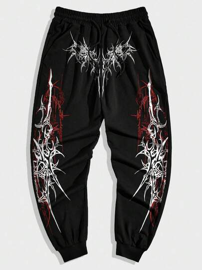Men's Gothic Print Drawstring Waist Pockets Jogger Sweatpants