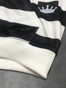 ROMWE MEN Street Life Men's Fuzzy Collar Preppy Striped Sweatshirt Sweatshirt, Loose Fit - Black and White - View 4