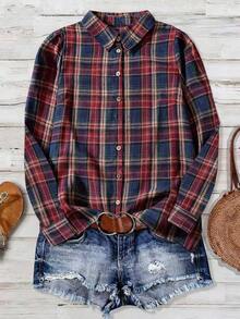 Linhara Plus Size Vintage Casual Plaid Front Button Long Sleeve Shirt, Autumn - Multicolor - View 4