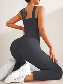 SHEIN Dewbera Mono de mujer de un solo color con espalda de tirantes acanalados/sin costuras/que ciñe la cintura - Gris Oscuro - Ver 7