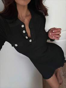 Flirla Váy len cài nút đính đá thời trang thu đông cho nữ - màu đen - Xem 5