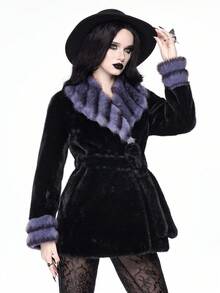 ROMWE Grunge Punk Women's Contrast Color Lapel Long Sleeve Belted Faux Fur Jacket - Black - View 7