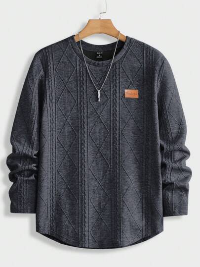 SHEIN 青少年男童休闲宽松舒适百搭长袖圆领上衣，带编织标签装饰