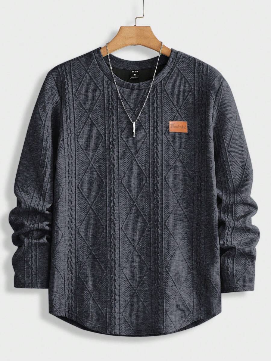 SHEIN 青少年男童休闲宽松舒适百搭长袖圆领上衣，带编织标签装饰