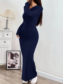 SHEIN EZwear 女士秋冬连帽抽绳修身长袖针织紧身连衣裙 - 藏蓝色 - 查看 3