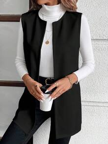 EMERY ROSE Große Größen schwarze unifarbene & bedruckte lässige minimalistische Jacke, Damen Große Größen Weste Jacke für Herbst/Winter