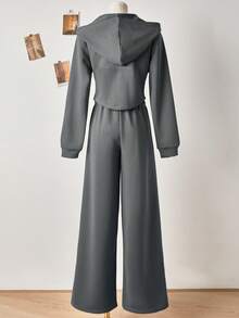 2件套少女灰色连帽卫衣和宽松运动裤休闲运动套装，拉链连帽衫搭配宽松长裤，学院风 - 深灰色 - 查看 2