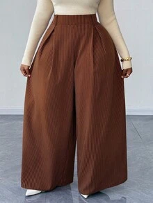 Maweii Plus Size Fashionable Vertical Striped Wide Leg Pants - Brown - View 4