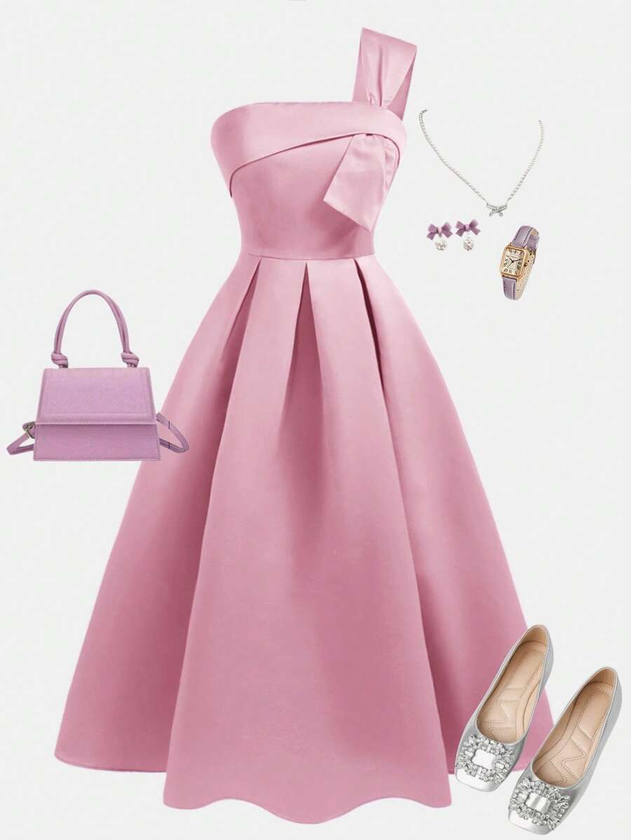 SHEIN Girlism Váy xếp ly màu hồng cho bé gái tuổi mới lớn, thanh lịch cho ngày lễ, tiệc tùng, đám cưới, trở lại trường - Hồng - Xem 1