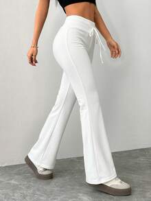 SHEIN PETITE Women's Casual Gray Knitted Elastic Waist Flared Sweatpants Wide Leg Sweatpants White Beach Pants Women White Pants White Sweat Pants White Flare Pants