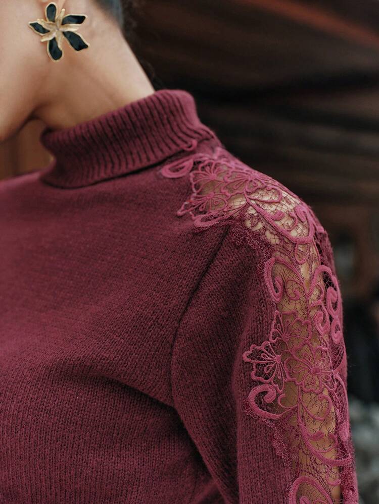 Elegant Burgundy Hollow-Out Lace High Neck Soft Women Sweater, Autumn/Winter