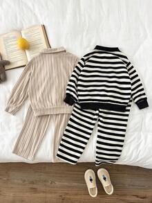 LMoss Kids LMoss 4pcs/Set Young Boy Striped Long Sleeve Polo Collar Sweatshirt And Elastic Waist Casual Pants Set, Autumn/Winter - Multicolor - View 2