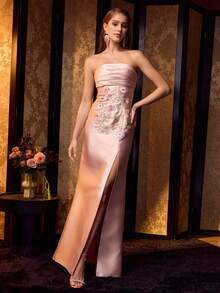 MOTF Soiréza WOMEN'S RUCHED BUST STRAPLESS FLOOR-LENGTH PARTY GOWN , BACK LACE-UP DETAIL, VIBRANT SEQUIN FLORAL APPLIQUES, SATIN HIGH SIDE SLIT & FORM-FITTING SILHOUETTE , PERFECT FOR WEDDINGS, GALAS & FORMAL EVENTS , PAIR WITH STRAPPY HEELS & STATEMENT JEWELRY