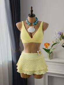 Bellisia Women's Yellow Textured Criss-Cross Bikini Top Women's Beach Fashion Women's Beach Fashion Beach Outfits For Women Cross-Over Push-Up Swimsuit Top Yellow Summer Set Yellow Yellow Skirt Set Skirt Swimsuit Set Summer Skirt And Top Set - Yellow - View 5