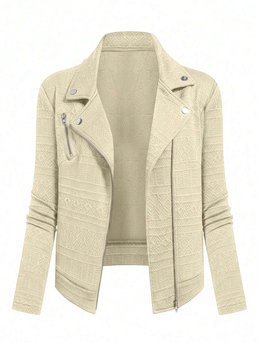GlowEve 女式休闲纹理面料拉链翻领机车夹克 - 卡其色 - 查看 1