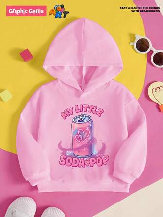 GraphicGems Young Girls Casual Cute Sweet "My Little Soda Pop" Letter & Beverage Heart Graphic Print Hoodie Sweatshirt, Suitable For Outings And School Wear, Autumn/Winter