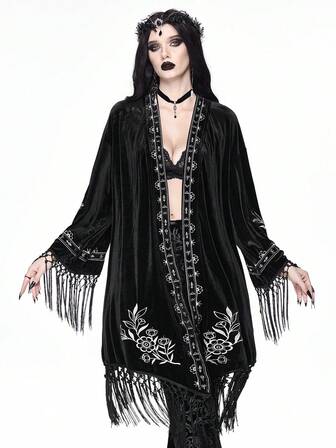 Goth Cárdigan de terciopelo con bordado de serpiente y planta en estilo gótico