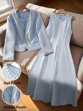 Regalyn مجموعة قطعتين للمرأة بحجم كبير: كارديجان أنيق بياقة V وأكمام طويلة مزين بتريم اللؤلؤ بالتباين باللون الأسود، وفستان ماكسي مزين باللؤلؤ بياقة دائرية، مناسب للاستخدام في الخريف/الشتاء للكاجوال والعمل والمناسبات