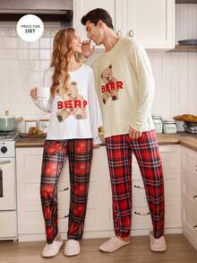 CoupledUp 男士熊纹长袖上衣和格子裤家居服套装，秋冬服装 - 彩色 - 查看 1