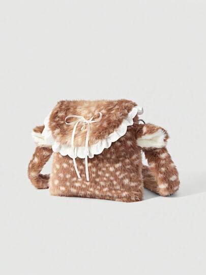 Fairycore 1 pezzo Borsa a spalla marrone con texture a cervo in stile Y2K, carina e kawaii, con inserti in pizzo, adatta per il college, lo shopping, il Natale e altre occasioni