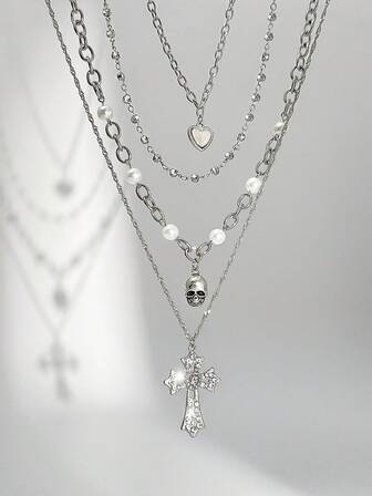 Goth 4pcs/Set Fashionable Punk Style Cross Pendant Necklace Set