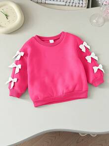 SHEIN 女婴可爱百搭米色蝴蝶结长袖卫衣，秋冬季 - 玫紅色 - 查看 8