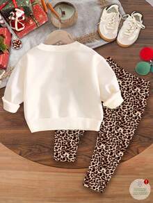 SHEIN Happikins Merry Christmas Baby Girl Snowman Graphic Retro Leopard Sweatshirt And Leggings 2pcs Set,Multicolor,Autumn,Cute Modest,Matching Family Cozy - Multicolor - View 3