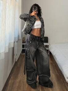 StreetHx Fashionable Casual Street Style Distressed Denim Open Front Button Up Jacket - Black - View 3