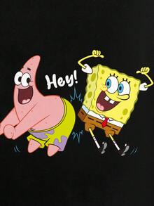 SpongeBob SquarePants | SHEIN Women's Casual Everyday Commute Funny Cute Cartoon Letter Print Short Sleeve Black T-Shirt, Summer - Black - View 2