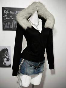 SHEIN ICON Women's Casual Retro Y2K Punk Black Fitted Faux Fur Collar Hooded Long Sleeve Regular Winged Rhinestone Print Pattern Jacket, Comfortable For Autumn/Winter - Black - View 4