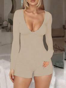 INAWLY Solid Color Scoop Neck Fitted Long Sleeve Romper - Camel - View 1