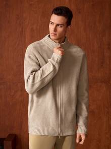 Officeau 男士宽松纯色拉链休闲百搭长袖针织毛衣外套，Old Money - 駝色 - 查看 4