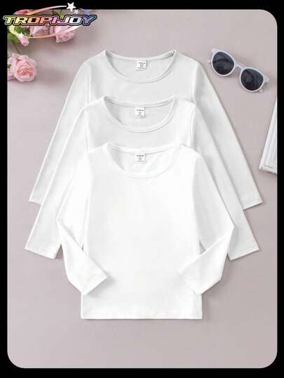 SHEIN Young Girl' Classic Casual Loose Fit Solid Color Round Neck Long Sleeve T-Shirt, Comfortable & Fashionable, Suitable For Travel, Vibrant, Spring/Autumn 3 Pack Tops White Tops For Kids Basic Tops White Tops Girls