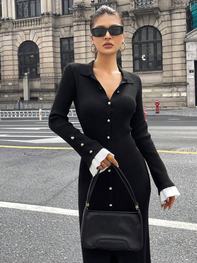 Women's Collared Waist Fitted Sweater Dress, Autumn/Winter